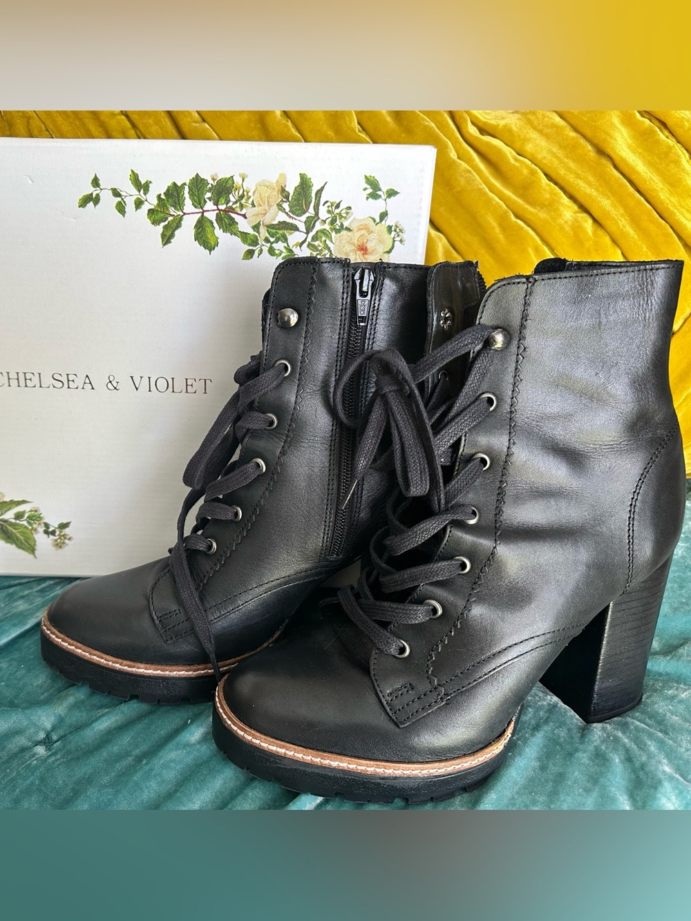 Chelsea & Violet Black Leather Lace-Up Combat Boots with Side Zipper